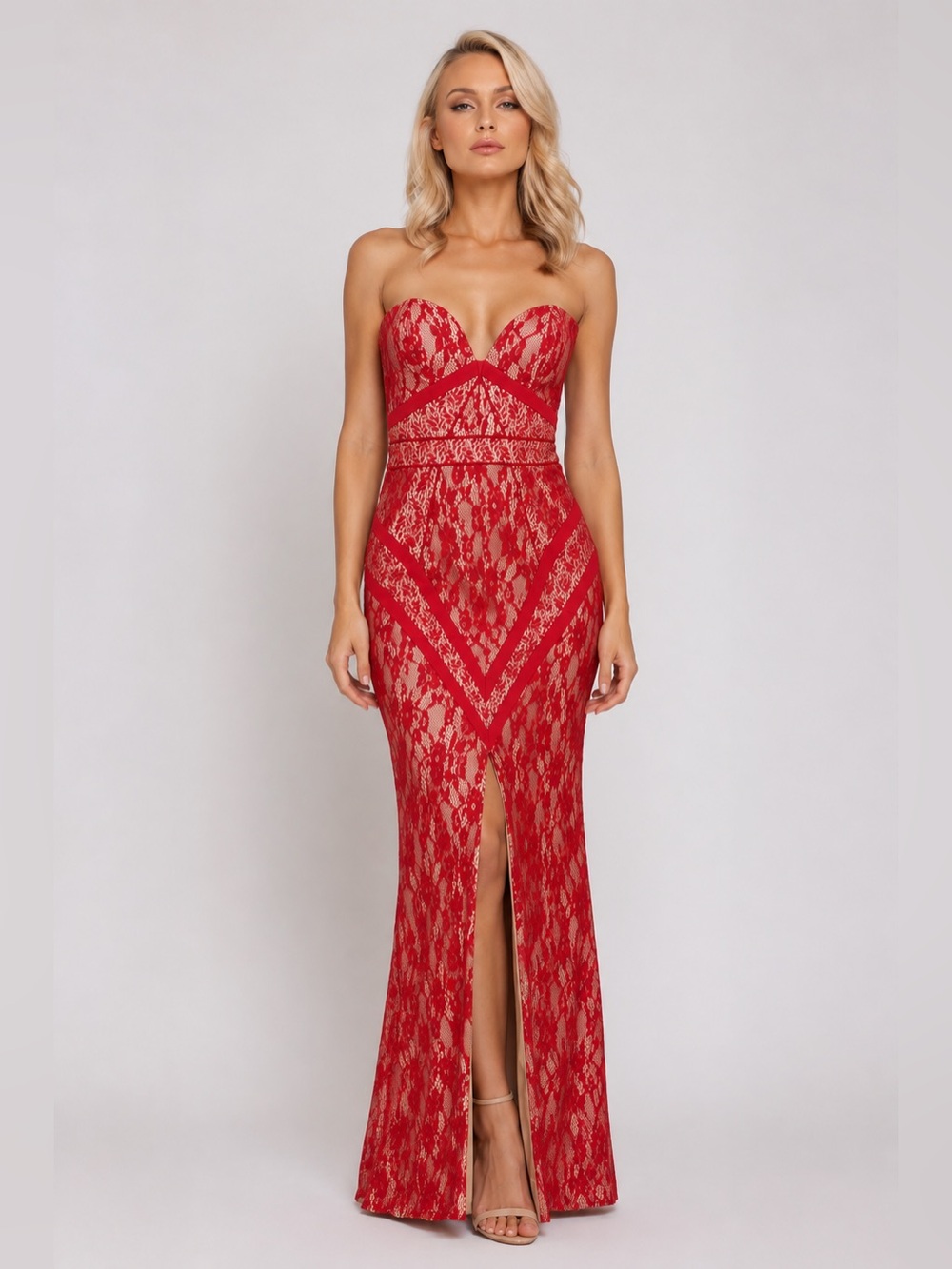 NWT Bariano Red Lace Strapless Gown Size US 8